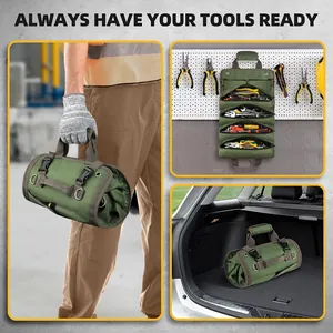 Multi-functional canvas tool roll bag organizer shown hanging, carried, and in a trunk