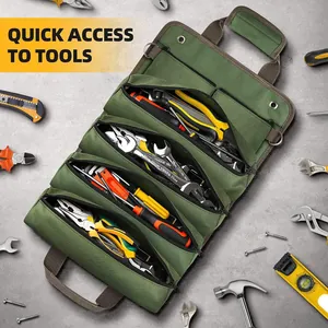 Durable green roll-up canvas tool organizer bag with multi-pocket storage for tools.