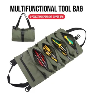 Multi-Functional Car Seat Back Tool Storage Bag Durable Oxford Cloth Roll-Up Organizer Maintenance Tool Pouch With Zipper Pockets Hardware Carrying Case For Electrician