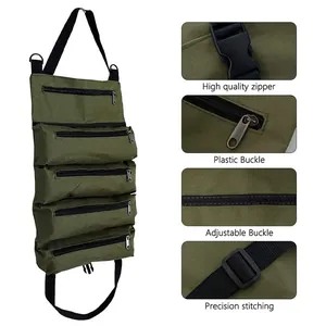 Multi-functional green canvas car back seat tool organizer with multiple zipper pockets