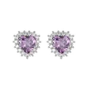 Detail view of heart-shaped purple zircon stud earrings with micro-pave clear stones