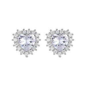 Elegant silver heart-shaped stud earrings with sparkling halo zirconia detail for women.