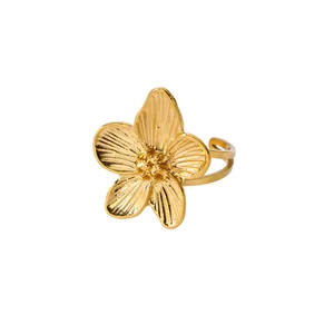 Elegant 18K gold plated stainless steel flower ring with textured petals for women