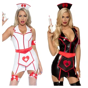 Women Sexy Nurse Roleplay Costume Polyester Halter Neck Backless Top And Bottom With Hat For Halloween Party Outfit