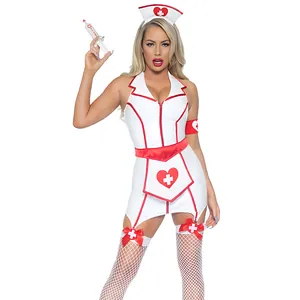 Sexy nurse lingerie costume set for Halloween cosplay with hat and stockings