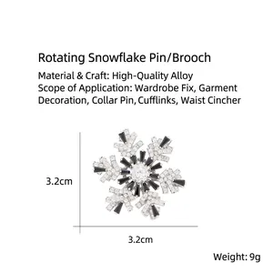 Rotating snowflake brooch with black and white crystals, 3.2cm size detail