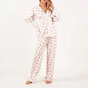 Ensemble de Pyjama Femme Style Ethnique Imprimé Floral Fruits Chemise à Boutons Manches Longues et Pantalon en Soie Lin Coton