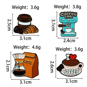 Detail view of four unique coffee-themed enamel pins with specific weight and size specs.