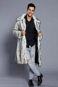Detailed view of men's luxury long faux fur coat in stylish grey and white mix