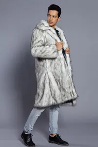 Full-body view of a luxury men's white faux fur long coat with a stylish square collar