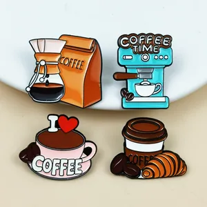 Detailed view of creative coffee themed enamel pins featuring brewing equipment