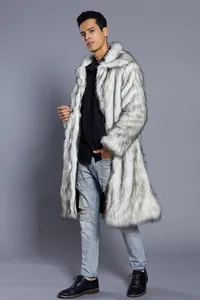 Premium men's long faux fur winter coat with a stylish black and white textured finish