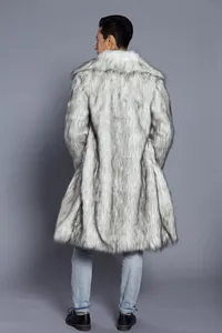 Back view of a premium men's long faux fur coat with realistic silver-grey texture.
