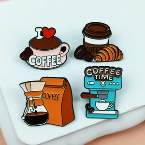 Detailed view of four coffee series enamel pins featuring espresso machine and croissant