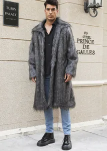 High-quality men's long faux fur overcoat in dark grey featuring a classic square collar