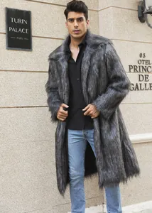 Men's grey long faux fur coat with square collar, full view on model outdoors
