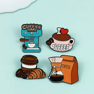 Detailed view of creative coffee themed enamel pins with espresso machine and cup