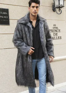 Detail showing the thick texture of men's long grey faux fur coat with square collar