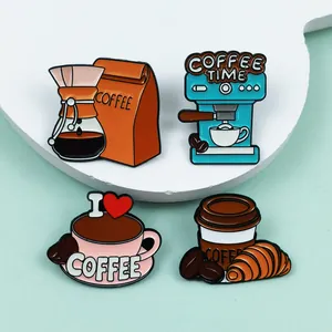 Detailed close-up of coffee-themed enamel pins featuring espresso machine and cup