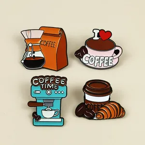 Detailed view of four coffee-themed enamel pins featuring a coffee machine and carafe