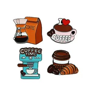 Set of four creative coffee-themed enamel pins featuring espresso machine and latte art.