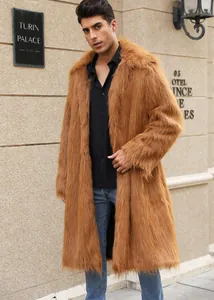 Detail view of a luxury men's brown long faux fur coat for autumn and winter fashion style