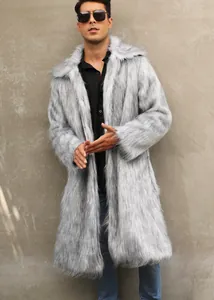 Full body view of a men's long faux fur coat with square collar in grey texture