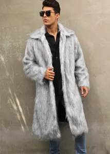 High-quality detail of a stylish man wearing a long grey faux fur coat with a square collar