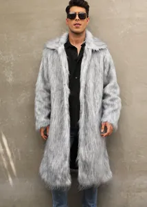 Detailed view of a premium men's long faux fur coat in grey with a stylish square collar