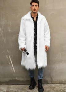 Detailed view of a premium mens white faux fur long coat with stylish square collar