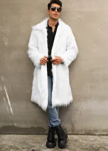 Full view of men's long white faux fur coat with square collar on male model outdoors
