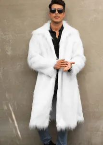Full-length view of a premium men's white faux fur long coat with a square collar.