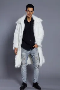 Full-length view of a white faux fur long coat for men with a soft, plush texture.