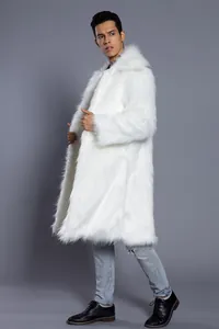Elegant full view of a luxury men's white long faux fur coat with square collar