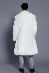Back view of luxury white faux fur long coat for men with elegant square collar design
