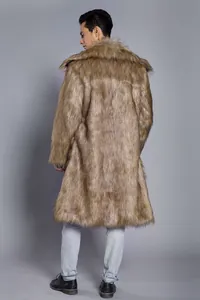 Back view of men's long faux fur coat in brown with soft texture and large collar
