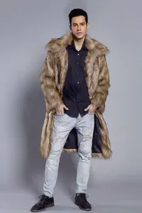 Stylish men's long faux fur coat in brown, perfect for autumn and winter fashion wear.