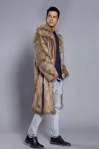 Detail showing the luxurious texture of a men's brown faux fur long winter overcoat