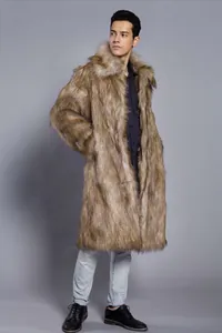 Full view of a stylish brown long faux fur coat for men against a neutral grey background