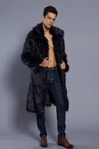 Full view detail showing the texture and fit of the men's black faux fur coat