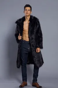 Full-length professional studio shot of a men's stylish black faux fur long overcoat