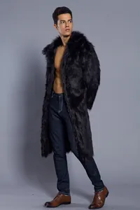 Men's long faux fur coat in black with square collar for autumn and winter fashion style