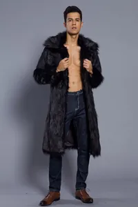 Detailed look of black faux fur long coat for men with oversized collar