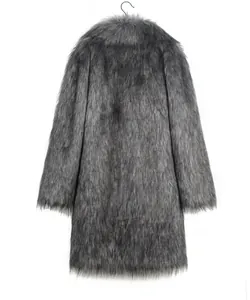 Detailed view of high-quality mens long grey faux fur coat with elegant square collar design