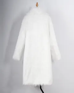 Detailed back view of a plush white faux fur long coat for men on a studio mannequin