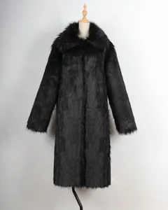 Full view of a luxurious black faux fur long coat with a square collar for men