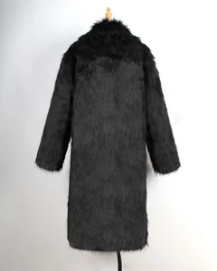 Detailed back view of a luxury long black faux fur winter coat for men on a mannequin