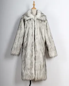 Full view of a grey and white faux fur long coat with a square collar on a mannequin.