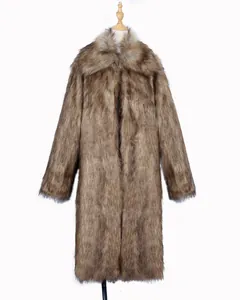 Full-length view of a men's stylish brown faux fur winter coat with a classic square collar.