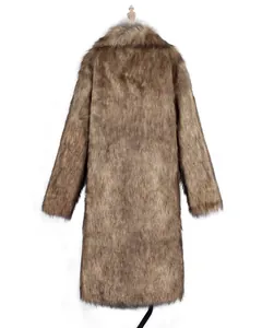 Detailed back view of a men's long-length brown faux fur coat for winter outerwear